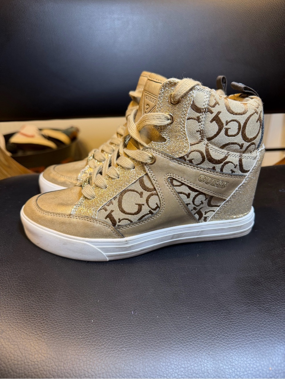 Guess WGTONIGHT3-G Gold Glitter Monogram Hidden Wedge High Top Sneakers 7.5M